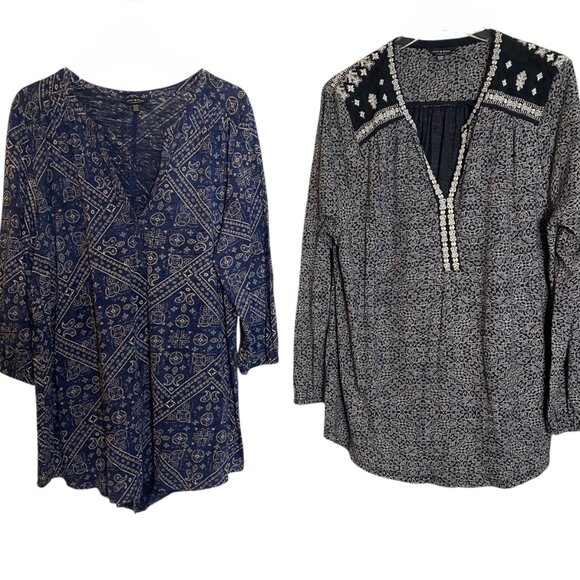 (2) Lucky Brand tunic tops blouse navy and black size 2X V neck - Picture 2 of 7